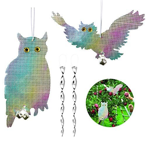 CandyHome 2 Pack Owl Bird Repellent Control Scare Device - Reflective Hanging Owl Woodpecker Deterrent with 2 Pack Spiral Bird Deterrent Rods