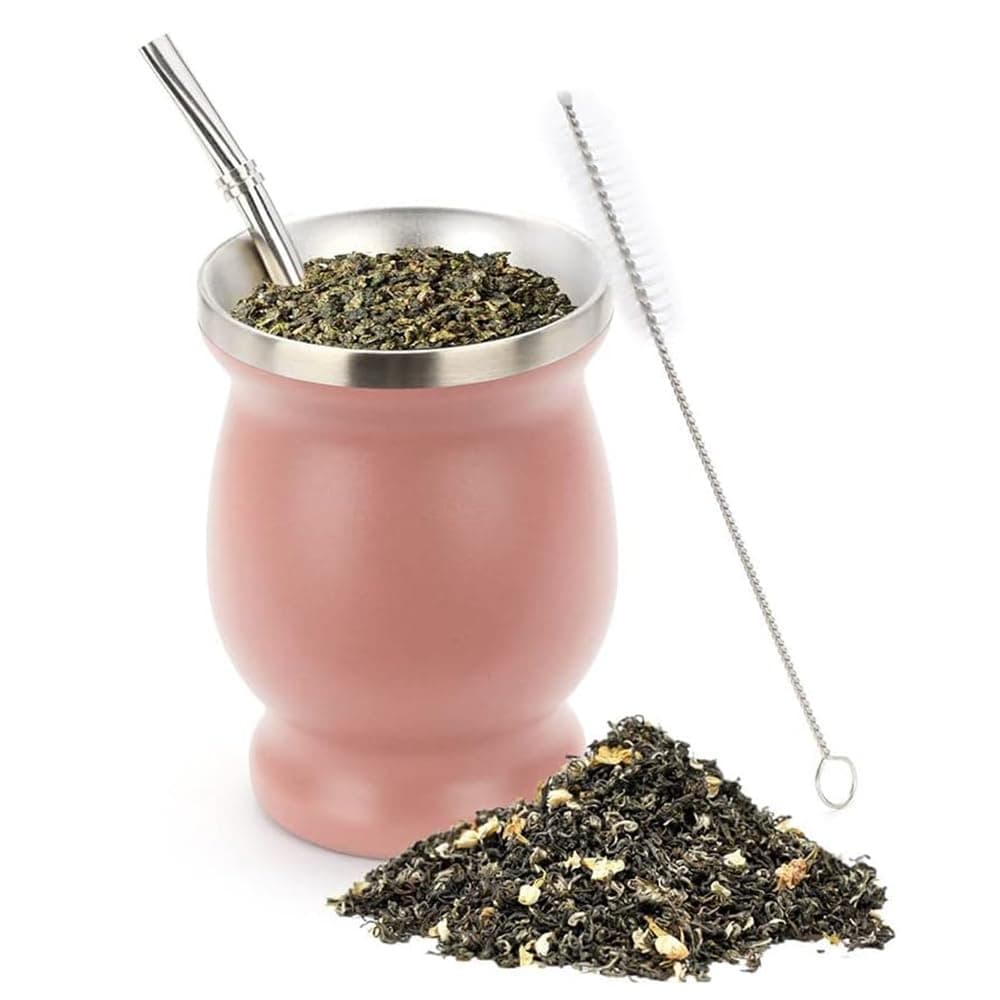 X spring Mate Tea Cup, Stainless Steel Double Walled Easy Wash Household Insulation Cup, Mate Gourds Tea Cup with Straw and Brush for Yerba Mate Loose Leaf Drinking, 230 Ml (Pink)