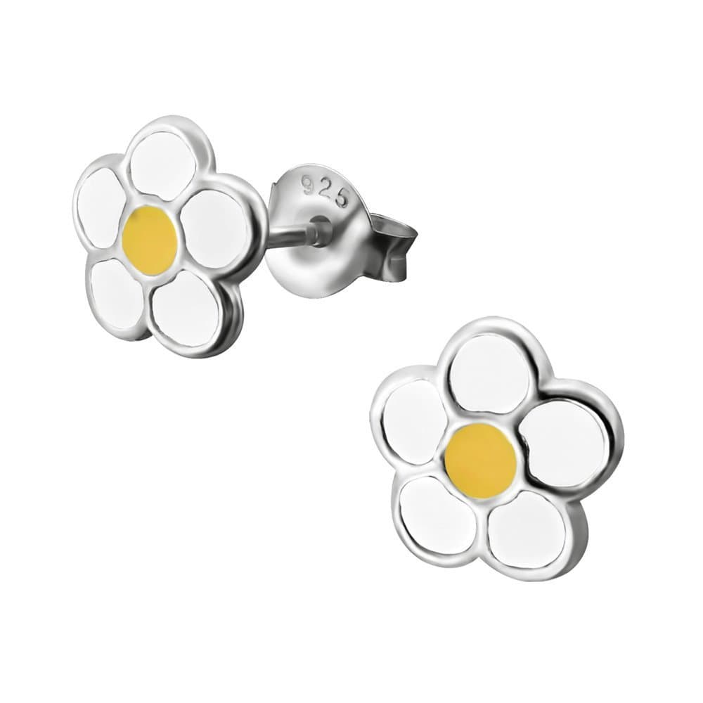 Small Sterling Silver White and Yellow Flower Stud Earrings