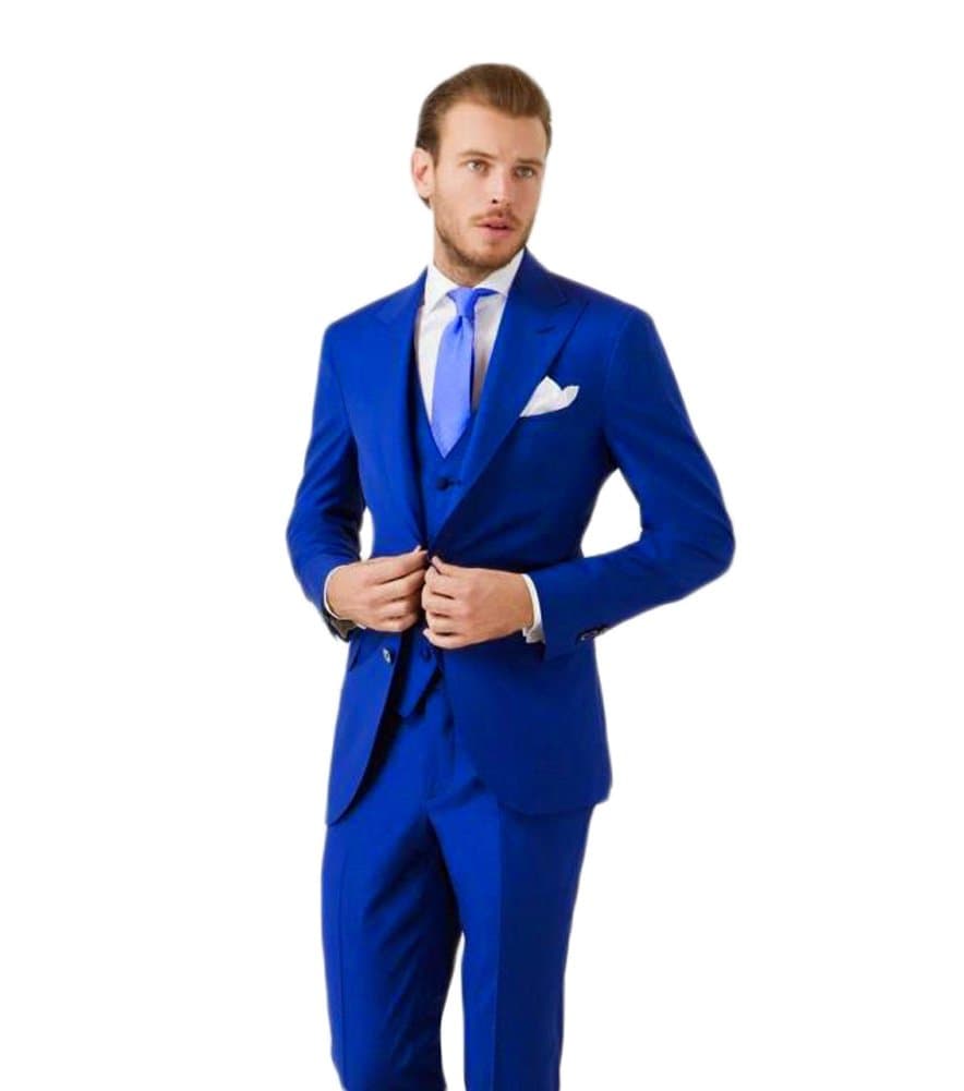 KA BeautyMen's 3 Piece Two Button Royal Blue Suit (Jacket+Pants+Vest) M