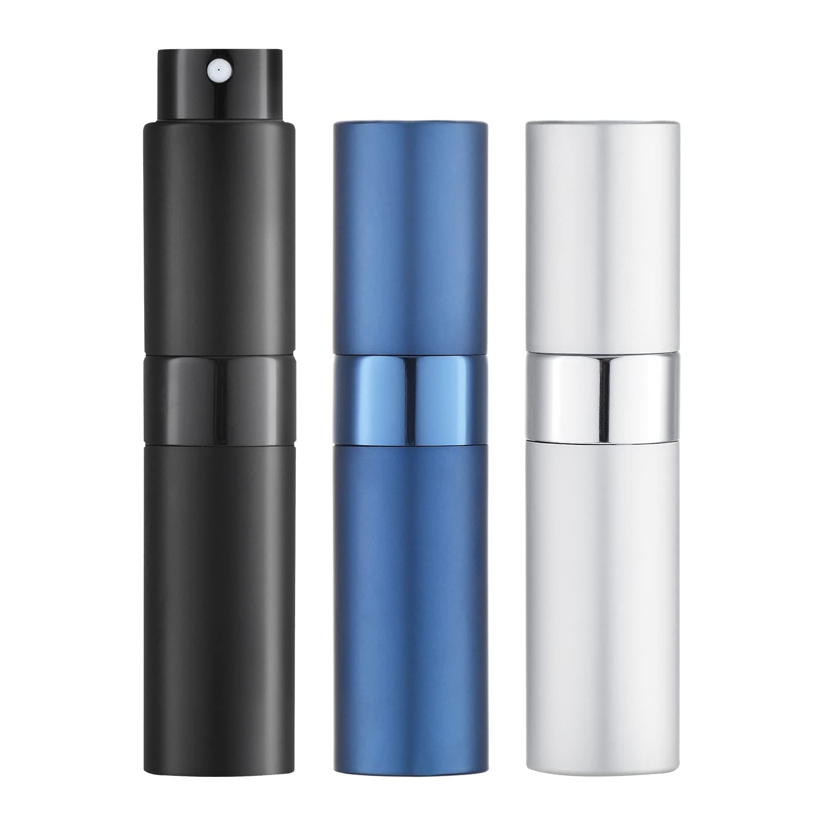8ML Atomizer Perfume Spray Bottle for Travel (3 PCS) Empty Cologne Dispenser, Portable Sprayer (Black, Silver, Blue)