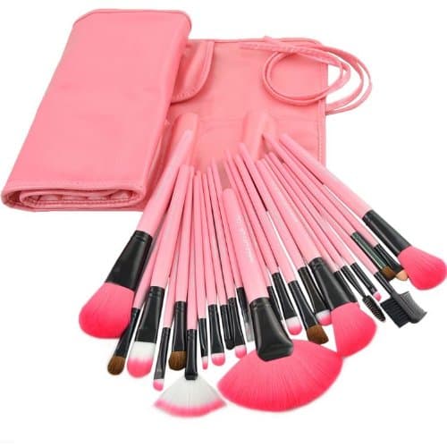 Smartio 24 PCS Roll up Case Cosmetic Brushes Kit Pro Wooden Handle Makeup Brush Tool (Pink)