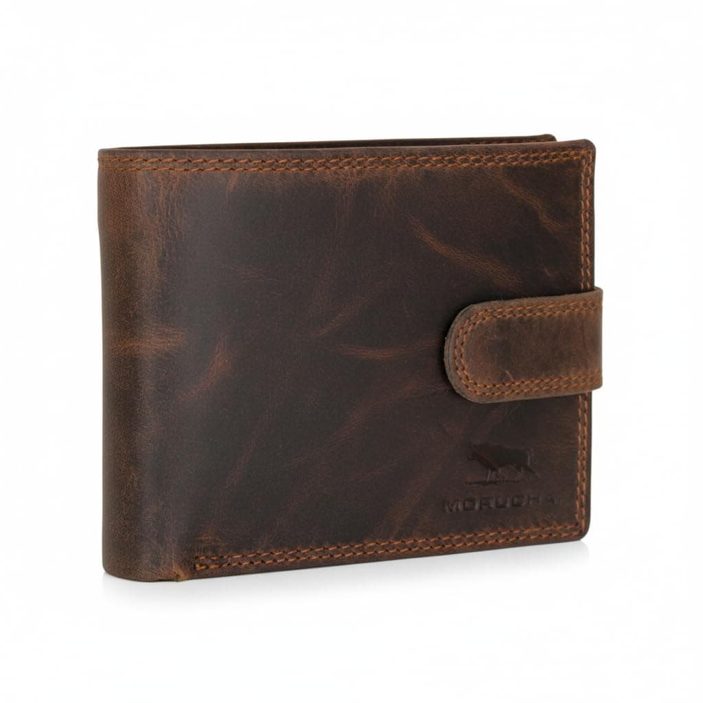 MORUCHA Men’s RFID Blocking Leather Trifold Wallet – Genuine Hunter Leather Coin Wallet with 6 Card Slots, ID Window & 2 Note Compartments – Minimalist Money Organiser Gift Boxed (M80 Dark Brown)