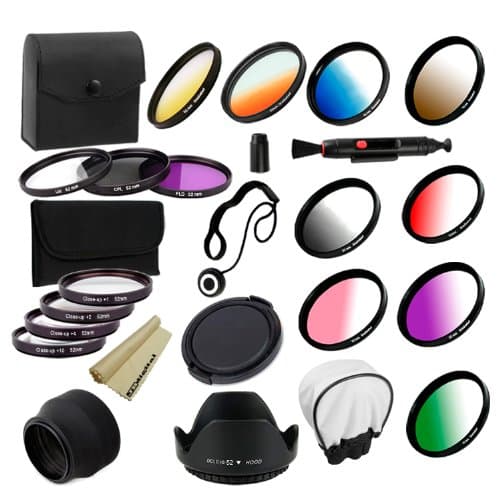 52mm Complete Lens Accessory Set For NIKON D7000 D5100 D5000 D40 D60 D80 D700 D3000 D3100 D3200 Cameras -- Includes: High Resolution 3-piece Filter Set (UV, Fluorescent, Polarizer) + 4-piece Close Up Filter Set (+1, +2, +4, +10) + 9-piece Graduated Lens Color Filters + Tulip Flower Lens Hood + Rubber Lens Hood + Lens Cleaning Pen + Snap on Front Lens Cap + Lens Cap Keeper + Universal White Cloth Bounce Diffuser + Super Fine JB Digital Microfiber Cleaning Cloth