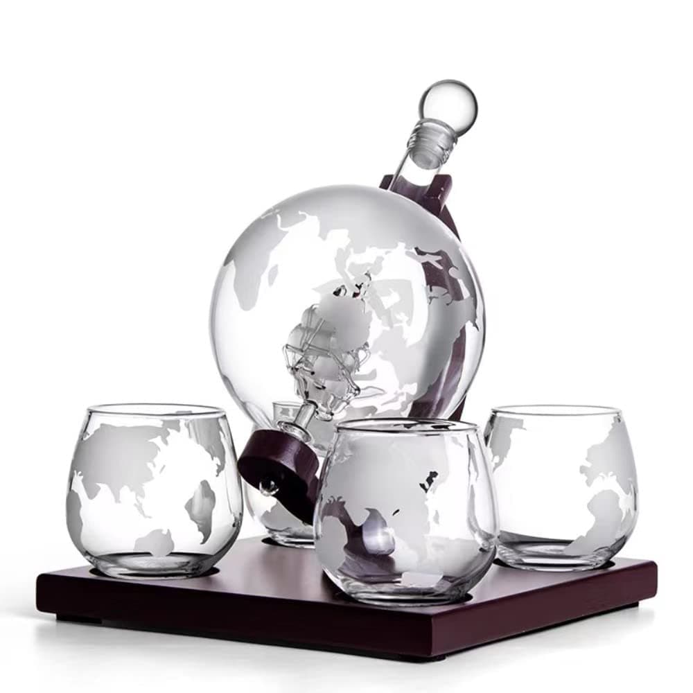 Elf Cat Whiskey Decanter Globe Set with 4 Etched Globe Whisky Glasses - for Liquor, Scotch, Bourbon, Vodka - 850ml (850ML Set-A)