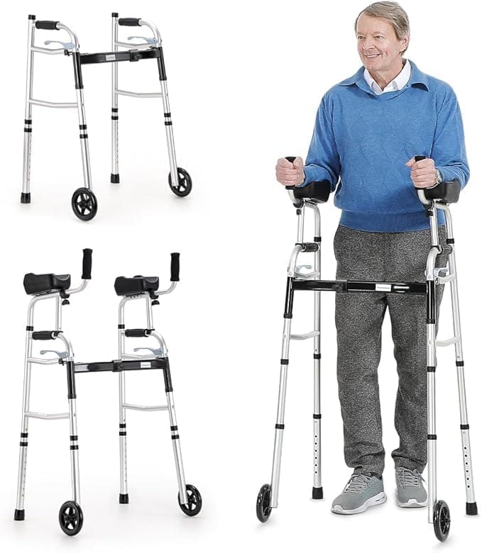 OasisSpace Folding Walker - Standard Walker with 5’’ Wheels, Removable Padded Armrests 300lbs, Platform Walker with Arm Support for Senior, Handicap & Disabled