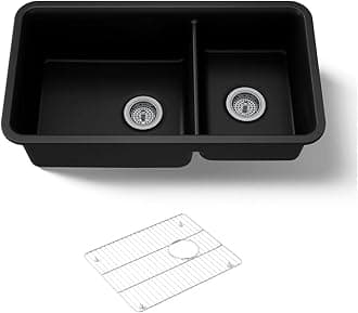 K-8204-CM1 Cairn Undermount Double Bowl Kitchen Sink with Basin Rack, Large/Medium, Matte Black