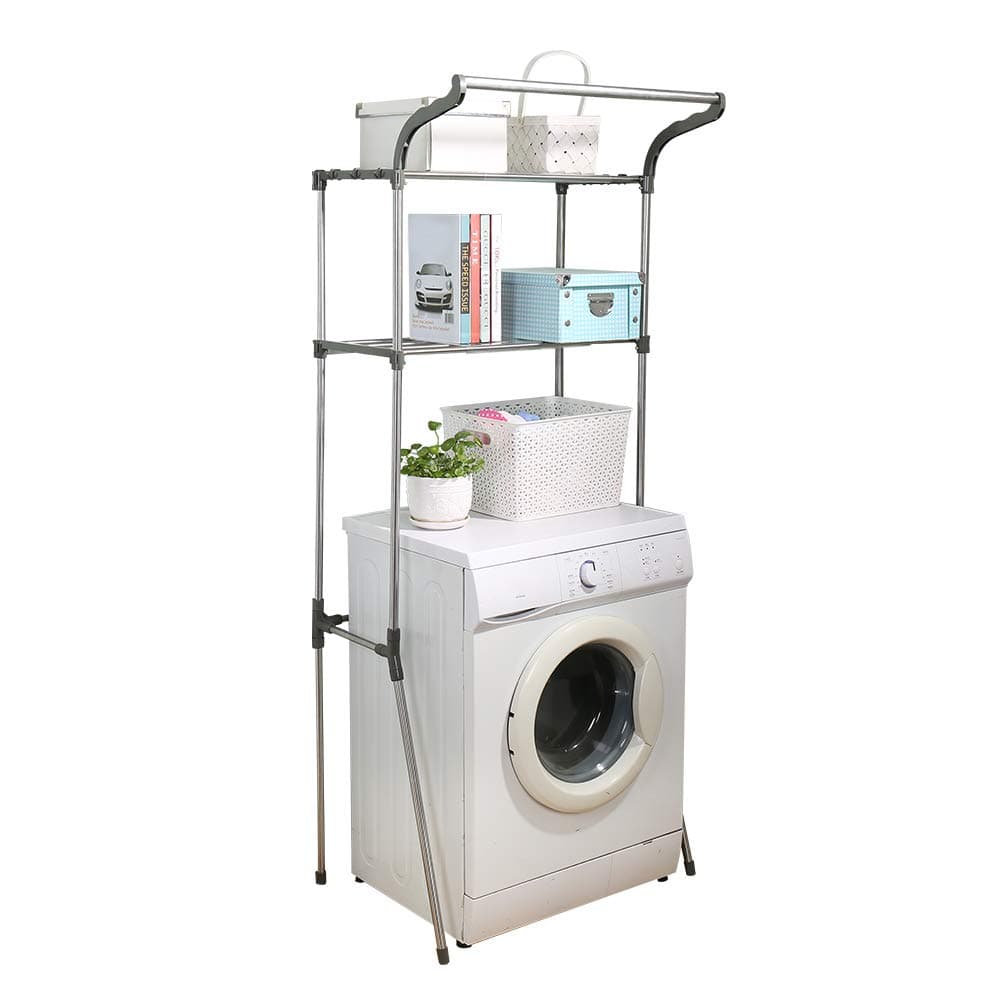 Hershii Over Washing Machine Storage Rack Bathroom Space Saver 2-Tier Standing Laundry Shelf Unit Above the Toilet Floor Organzier with Clothes Hanging Rod - Grey