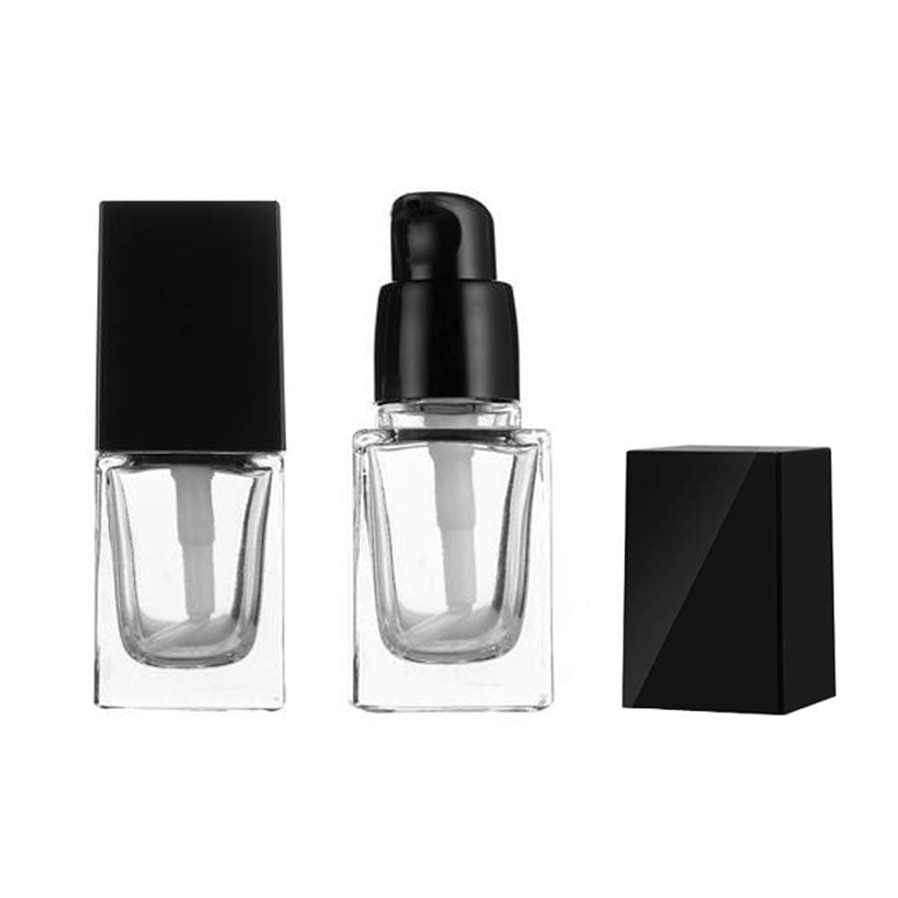 2PCS Clear Square Glass Pump Bottle with Black Pump Head and Cap Empty Refill Cosmetic Travel Sample Packing Containers Lotion Cleanser Essential Oils Liquids Body Cream Holder (15ml)