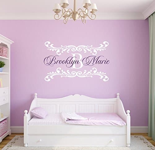 Name Wall Decal Damask Wall Decal Shabby Chic Heart Frame Personalized Name and Initial Vinyl Wall Decal for Girl Baby Nursery (36"H x 59"W)