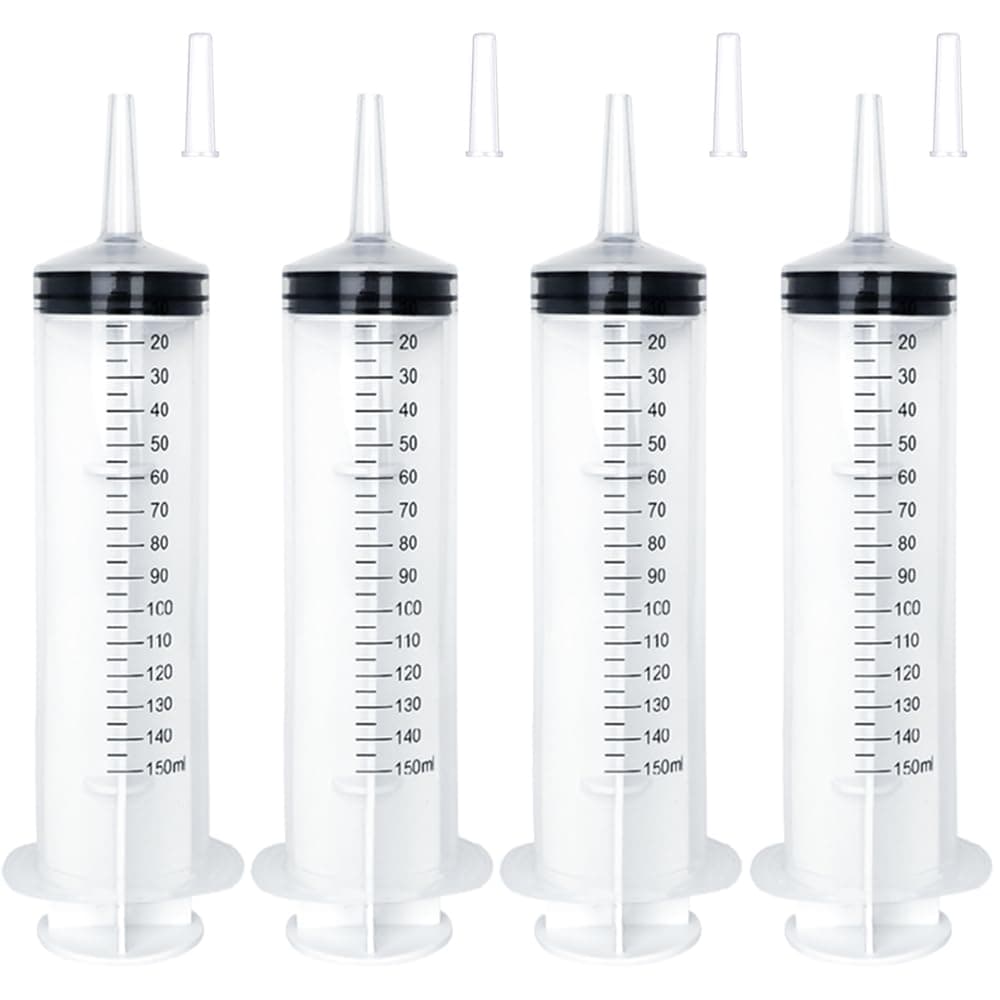 4 Pack 150ml/cc Large Syringe with Cap, Individually Sterile Sealed Plastic Liquid Syringes with Measurement for Scientific Labs, Measuring Liquids, Feed Pets, Oil or Glue Applicator