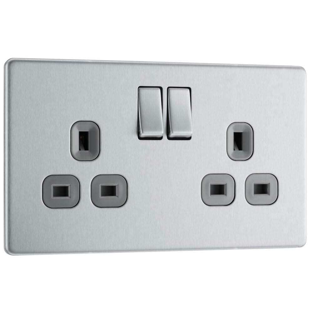 BG Electrical Double Switched Power Plug Wall Socket, Flatplate Screwless, Brushed Steel, Grey Inserts, 13A, FBS22G