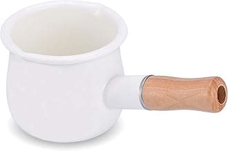 Enamel Milk Pot, Small Saucepan Milk Pot Butter Warmer 4 Inch 17 Oz Enamel Small Sauce Pan with Wooden Handle, Perfect Size for Heating Smaller Liquid Portions. (White）