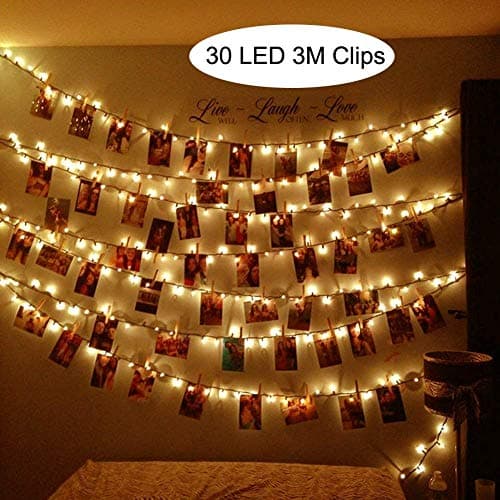 SanGlory 30 LED Photo Clips String Lights, 10 Ft LED Clips Lights Battery Powered Warm White Fairy Lights for Hanging Photos Pictures Cards Artwork and Memos