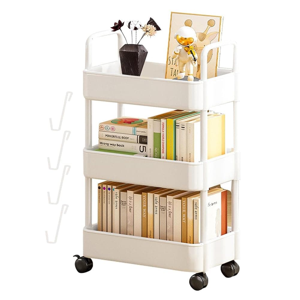 Storage Trolley Rolling Utility Cart Storage Rack On Wheels Rolling Storage Cart Slide Out Shelving Organization Shelf Tight-Space Solution for Kitchen Bathroom Laundry (White,3 Tiers)