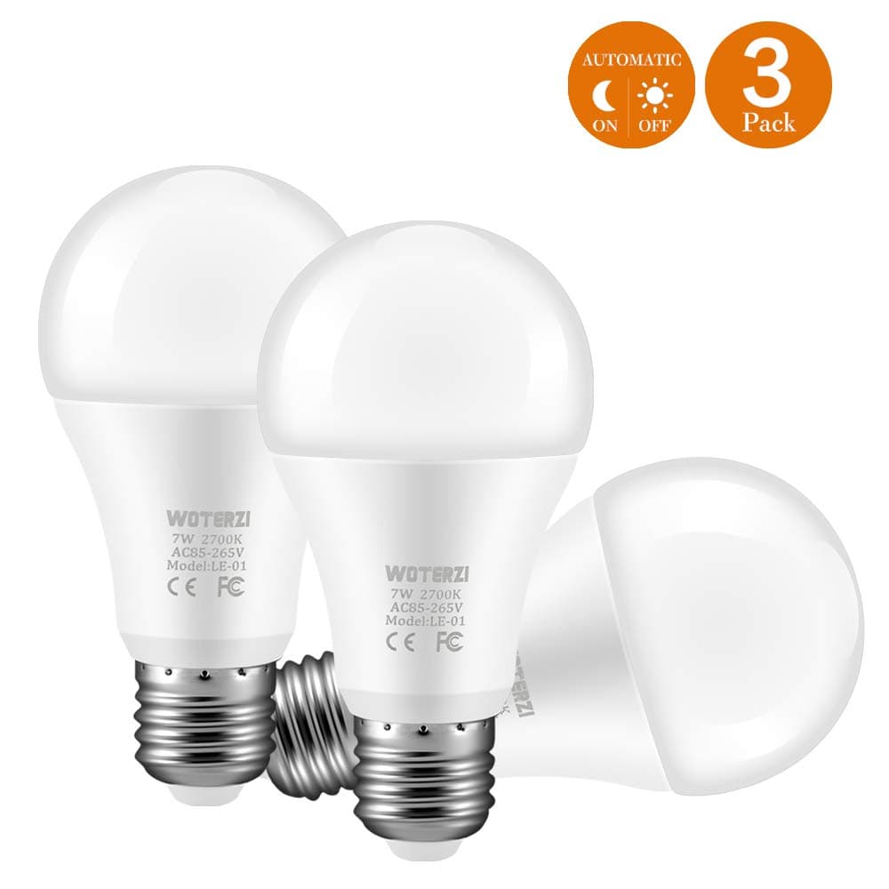 Sensor Light Bulbs Dusk to Dawn LED Light Bulb, WOTERZI 7W Indoor Outdoor Lighting Lamp with Auto On/Off, 60 Watt Equivalent, E26 Base, 2700K Warm White for Porch, Hallway, Patio, Garage【3-Pack】