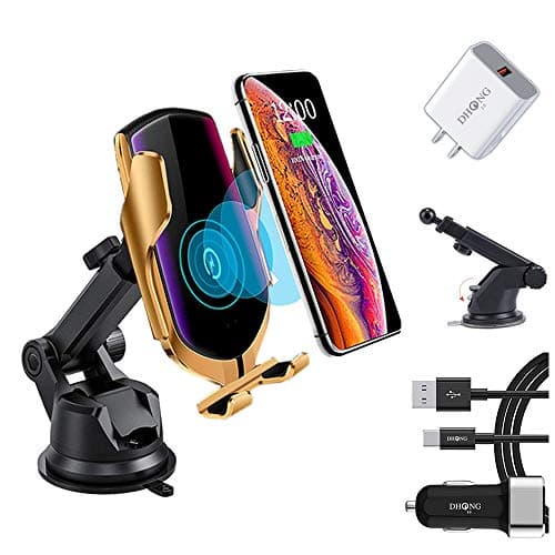 DHong Smart in-Car Mobile Phone Holder IR Sensor Automatic Clamping Plus 10W Qi Wireless Fast Charging Car Charger Compatible for iPhone 8 Xs XR Galaxy S9 S8 S7 Note9 (Gold + Suctorial Cup Bracket)