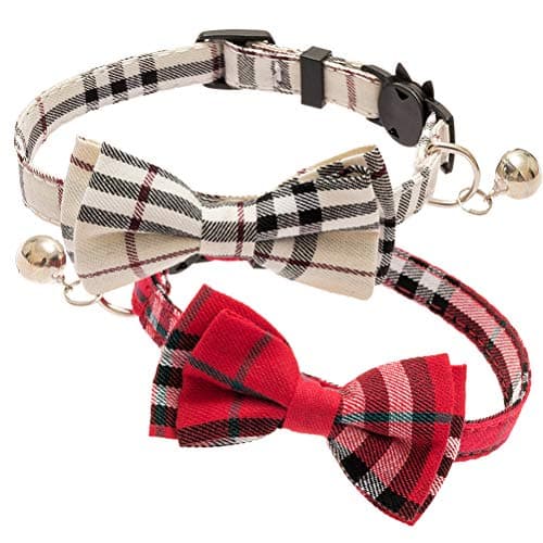 Cute Bowtie Cat Collar Breakaway with Bell 2 Pack Plaid Collar Set for Kitty Puppy Adjustable 7.8-10.2"