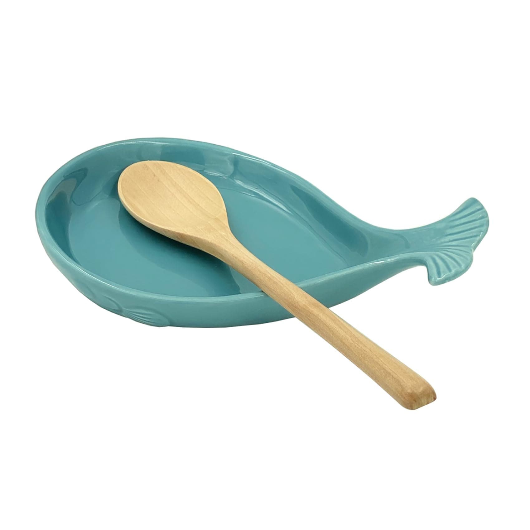 Ceramic Spoon Rest for Kitchen with Wooden Spoon, Whale Shape, 4.8W X 7.8L