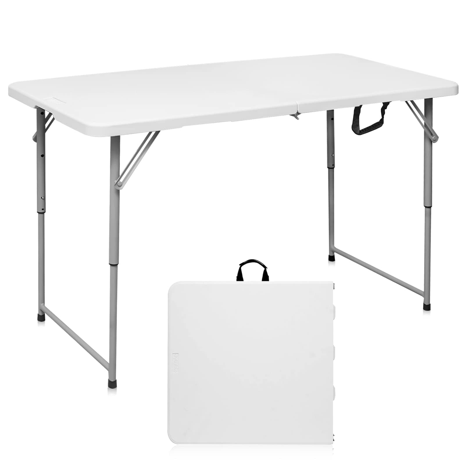 Byliable Folding Table 4 Foot Portable Heavy Duty Plastic Fold-in-Half Utility Table Small Indoor Outdoor Adjustable Height Folding with Carrying Handle, Camping and Party,White | Portable, Heavy Duty, Fold-in-Half, Indoor Outdoor, Adjustable Height, Folding