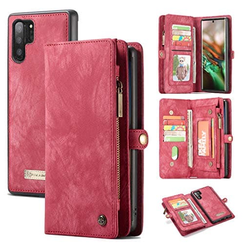 Galaxy Note 10+ Plus Wallet Case,AKHVRS Handmade Premium Cowhide Leather Wallet Case,Zipper Wallet Case [Magnetic Closure] Detachable Magnetic Case & Card Slots for Samsung Galaxy Note 10 Plus - Red