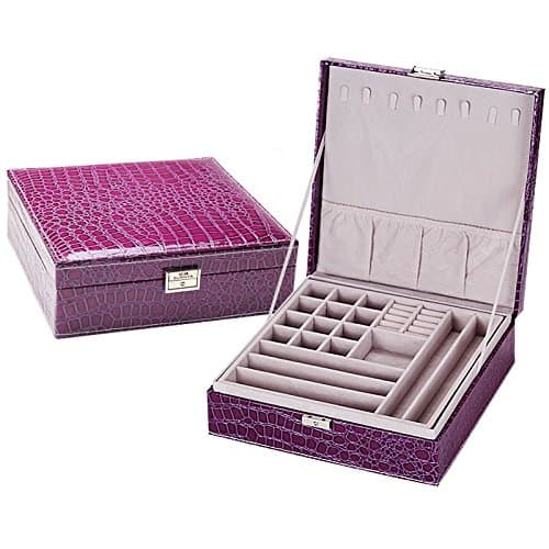 WILL GEM Double Layers Crocodile Pattern PU Leather Watch Jewerly Box Organizer Case Purple
