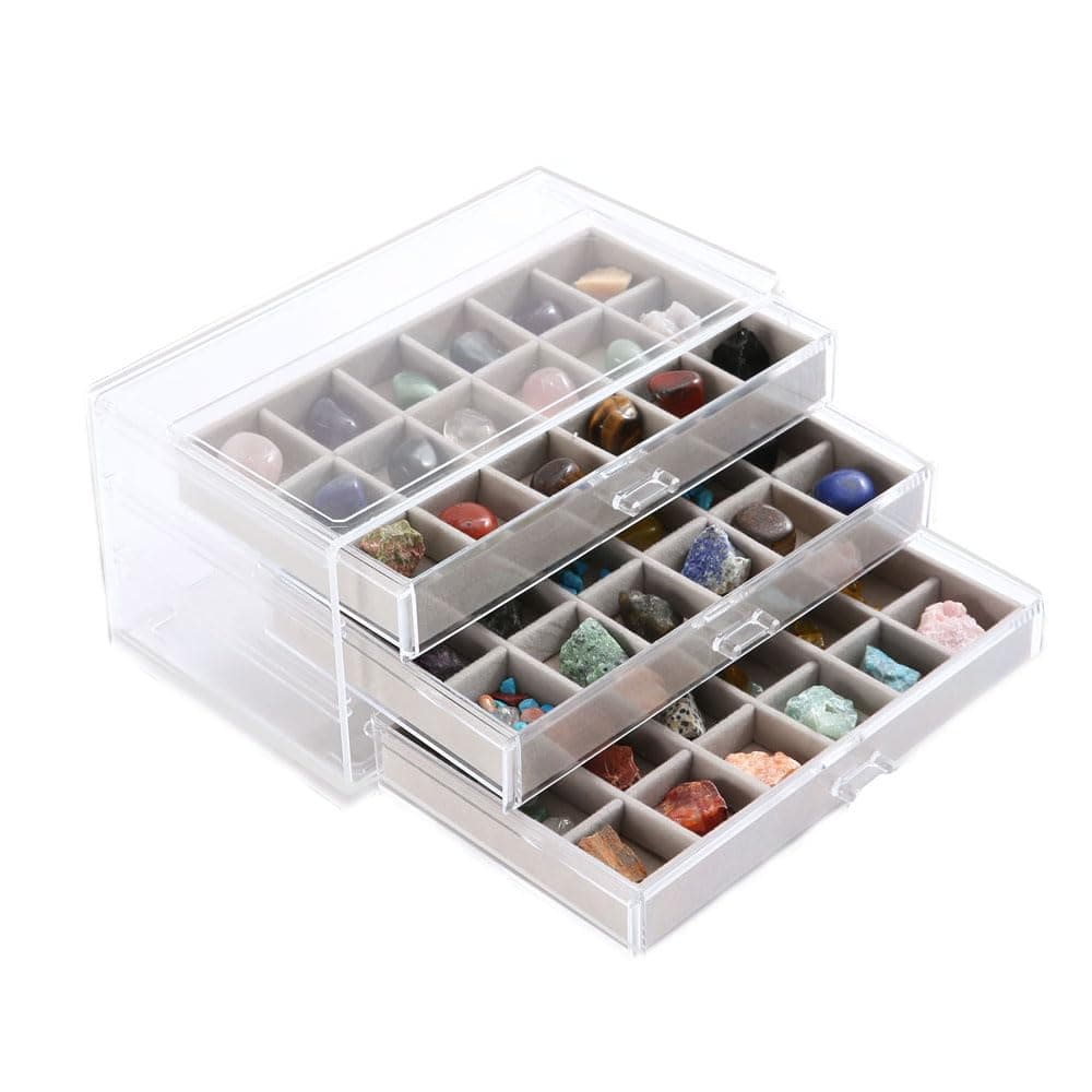 Rock Display Case, 54 Girds Rock Collection Display, Rock Collection Box for Kids with Acrylic Cover and Velvet Compartment, Gemstone Display Case for Stones, Crystals, Gems (Grey)