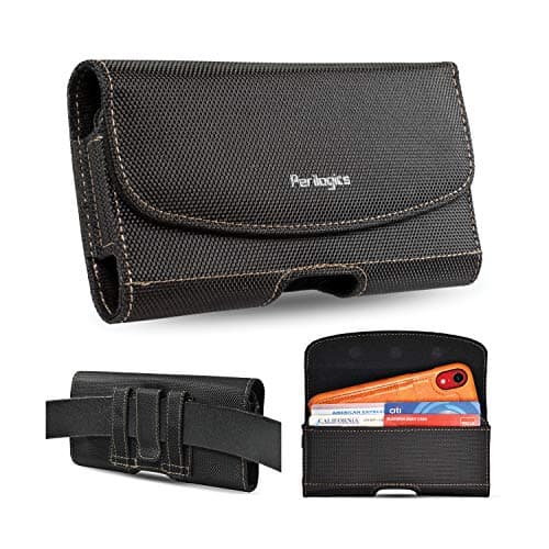 Cell Phone Holster for iPhone 13 Pro Max, iPhone 12 Pro, 11, 11 Pro Max, Xs Max, XR, with Slim Case. Metal Belt Clip with Chestnut Stitching, Triple Magnetic Cover, Card Pocket. (Slim)