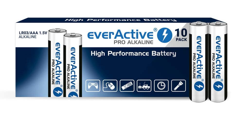 everActive AAA Batteries Pack of 10, Pro Alkaline, Micro LR03 R03 1.5 V, Highest Performance, 10 Year Shelf Life, Pack of 10, Black/White