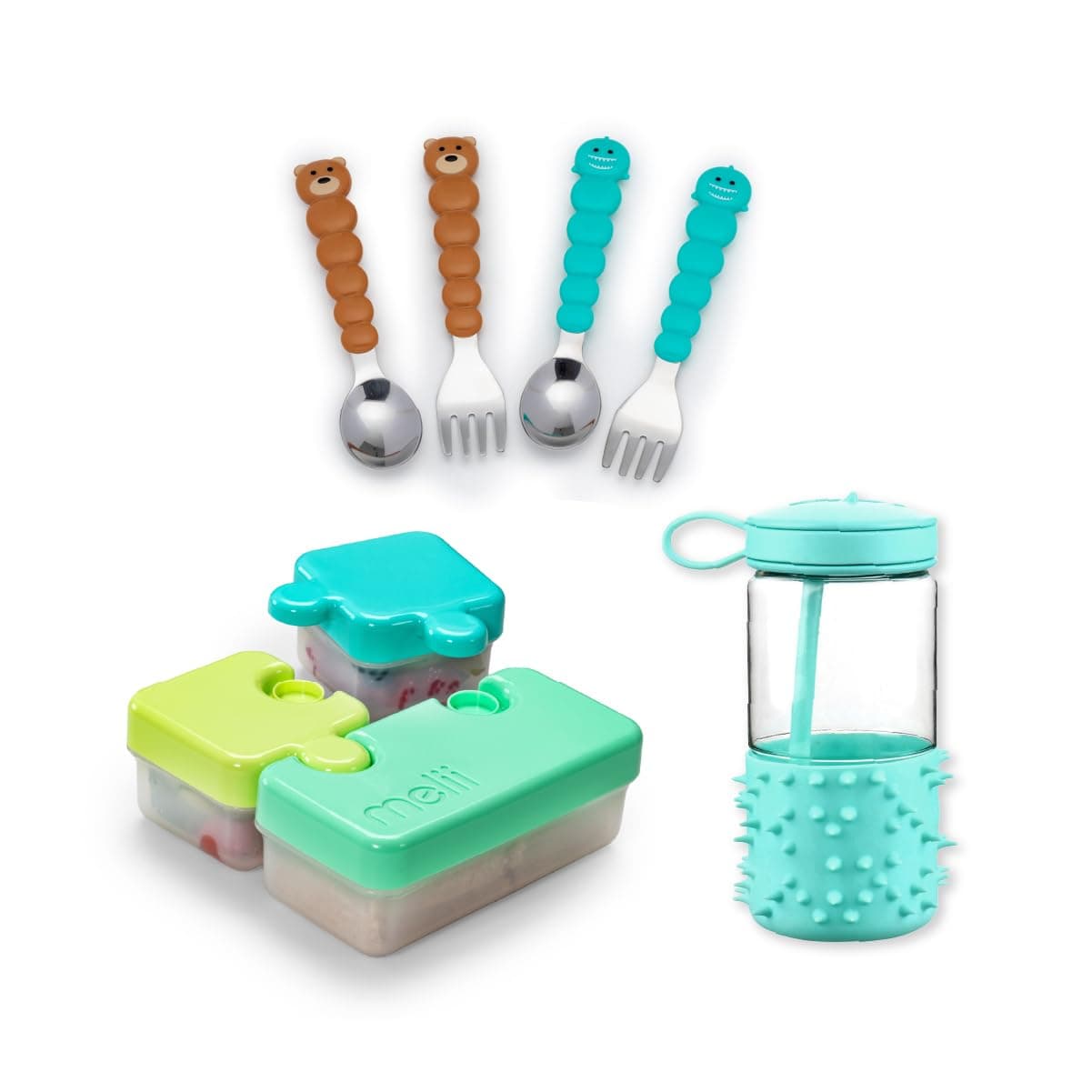 Melii Back to School Bundle - Puzzle Food Container (Lime, Turquoise Green), Spikey Water Bottle (Mint, 17 oz), Spoons & Forks Set (Brown Bear & Turquoise Shark, 4 Pcs) - BPA Free, Durable