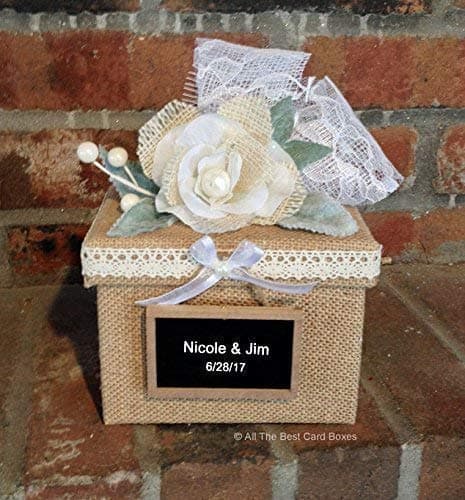 Burlap Wedding Rings Holder box, Rustic Wedding, Lace, personalized chalkboard, All The Best Card Boxes