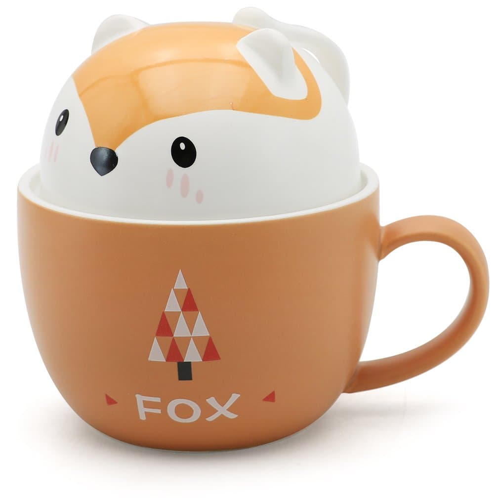 Cute 3D Fox Mug Ceramic Coffee Mugs Set with Lid Porcelain Tea Cups Gifts for Women Girls Animal Lovers 11 Oz