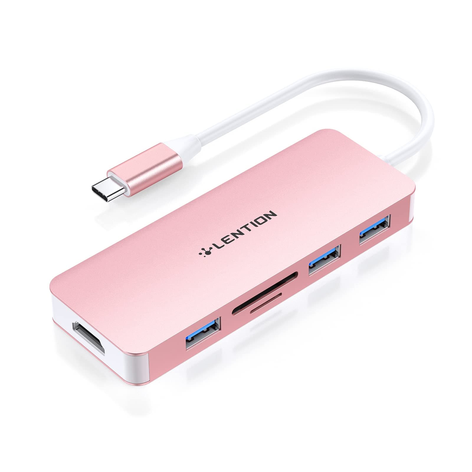 LENTION USB C Hub with 4K HDMI, 3 USB 3.0, SD/Micro SD Card Reader Compatible 2023-2016 MacBook Pro, New Mac Air/Surface, Stable Driver Certified Multi-Port Adapter (CB-C18, Rose Gold)