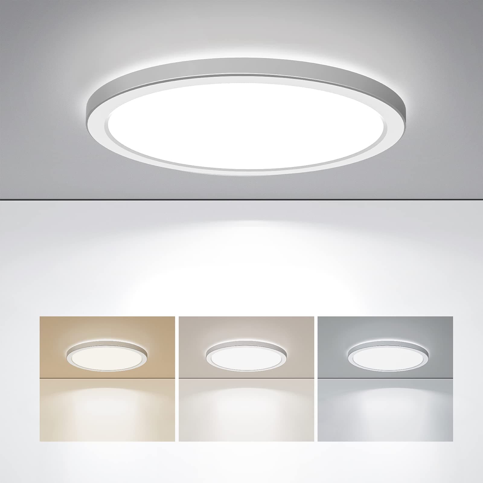 LED Flush Mount Ceiling Light, 9 Inch 18W 3000K/4000K/5000K Hardwire Light Fixture, Ultra Thin Round White Lamp for Kitchen Porch Bedroom Hallway Stairwell Basement, Non-dimmable 1 Pack