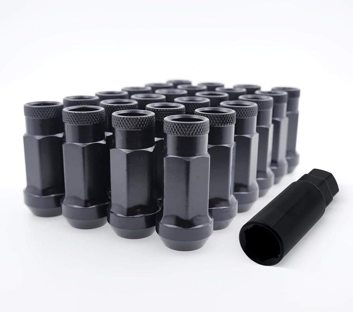 EZAccessory 14x1.5 Extended Tuner Lug Nuts 24 Pcs+Key Black Racing Open End for Chevy C/K 1500 2/4WD 99-01 Silverado 2/4WD 1999+