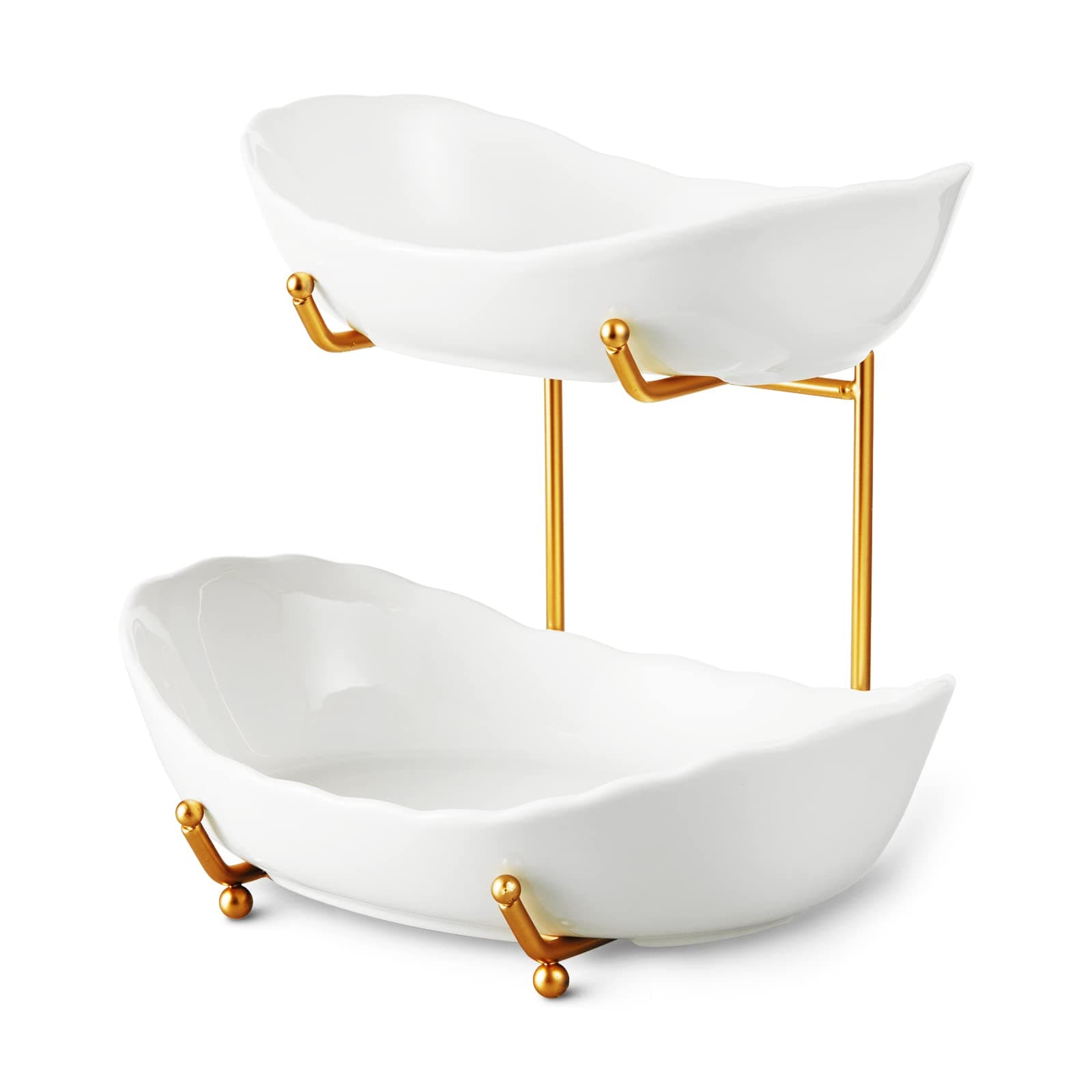 2 Tier Ceramic Fruit Bowl for Kitchen Counter, Tiered Fruit Basket for Countertop, Modern Multi Layer Fruit Display Stand for Party, Cute (Gold&White, Small)