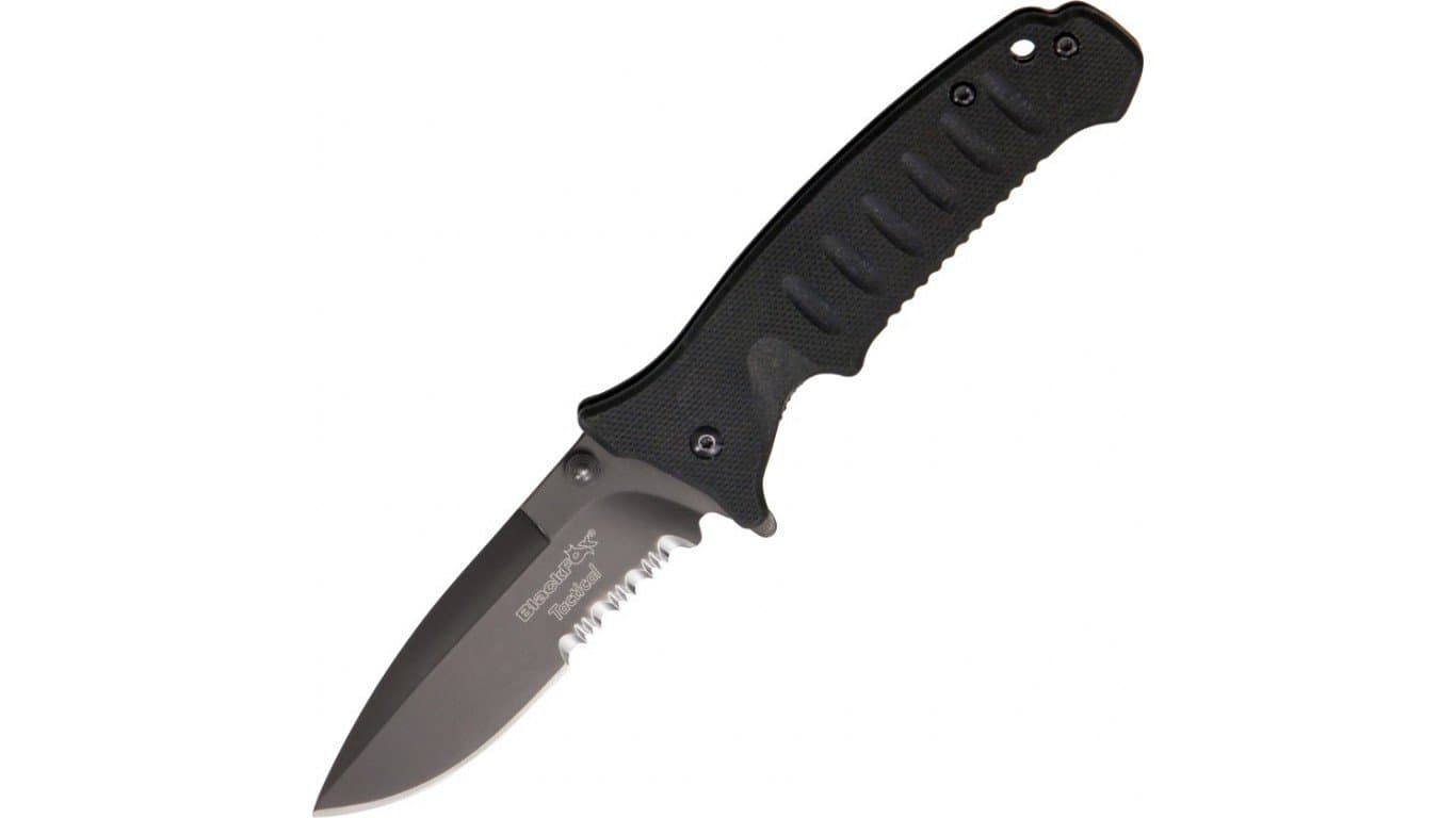 Black Fox Tactical Linerlock Fold Knife, 4in, SS assisted opening partially serrated spea, Grooved