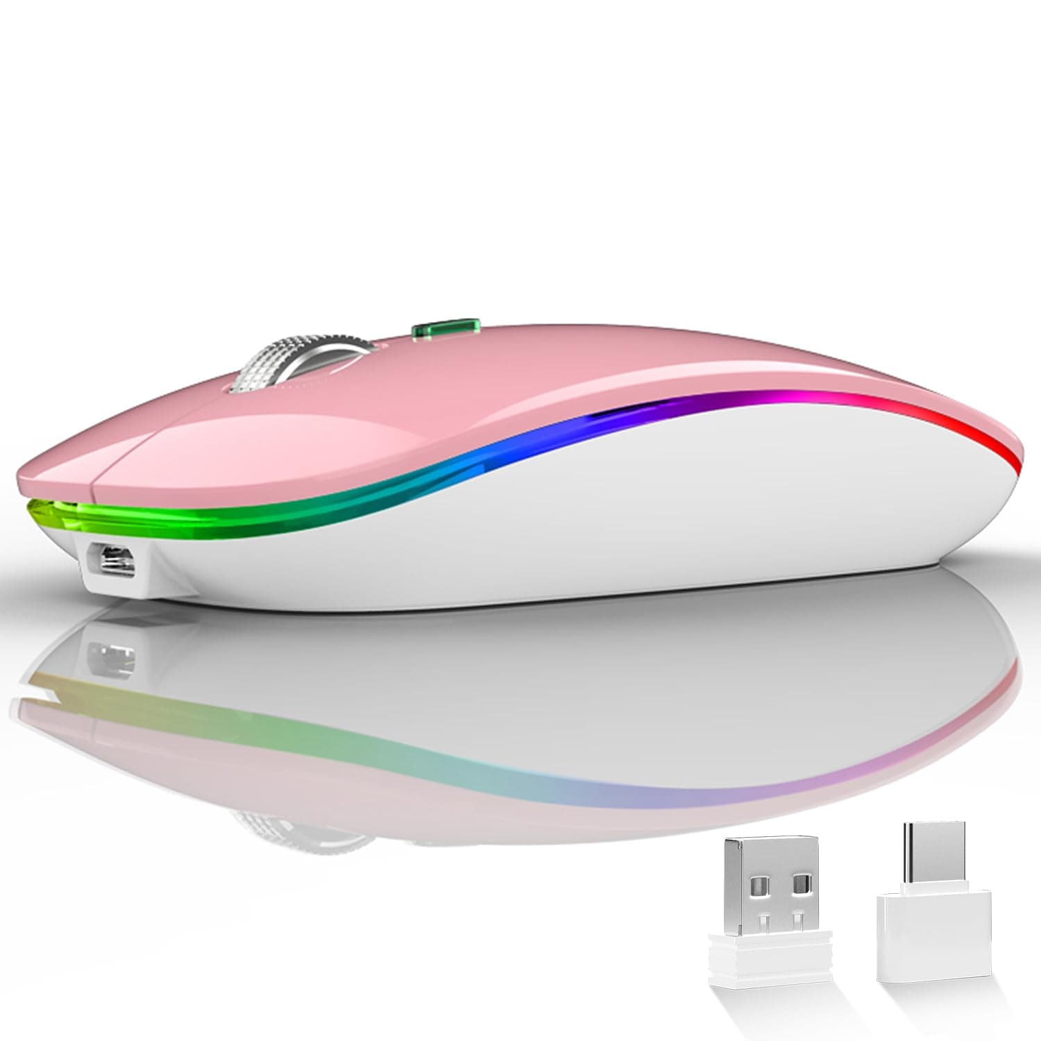 Uiosmuph LED Wireless Mouse, G12 Slim Rechargeable Silent Mouse, 2.4G Portable USB Optical Wireless Computer Mice with USB Receiver and Type C Adapter (Pink)