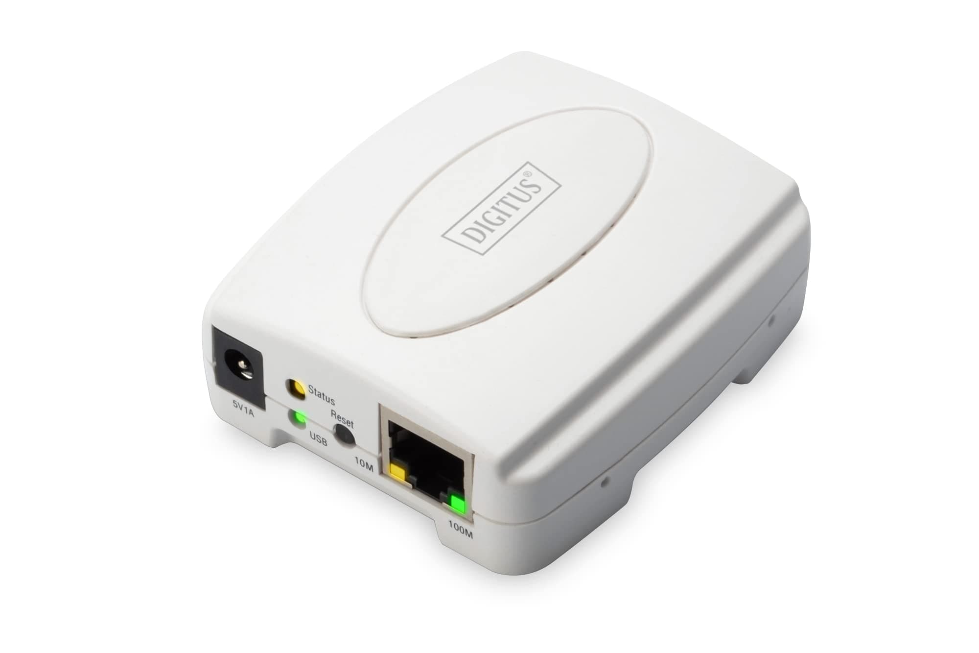 DIGITUS Fast Ethernet print server with USB 2.0, 1x RJ45, 1x USB A, print server, DHCP capable, TCP/IP, easy installation, incl. power supply, white