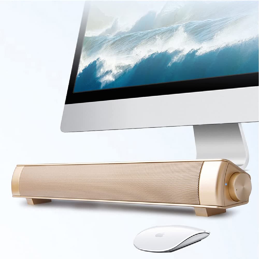 Powerful Portable Soundbar for iMac MacBook PC iPhone Bluetooth 3.0 +EDR, Speakerphone, Powerful 1800mAh Lithium Battery, Super Bass, 3D Stereo Surround Sound 2.0 Channel, Home Cinema System (Gold)