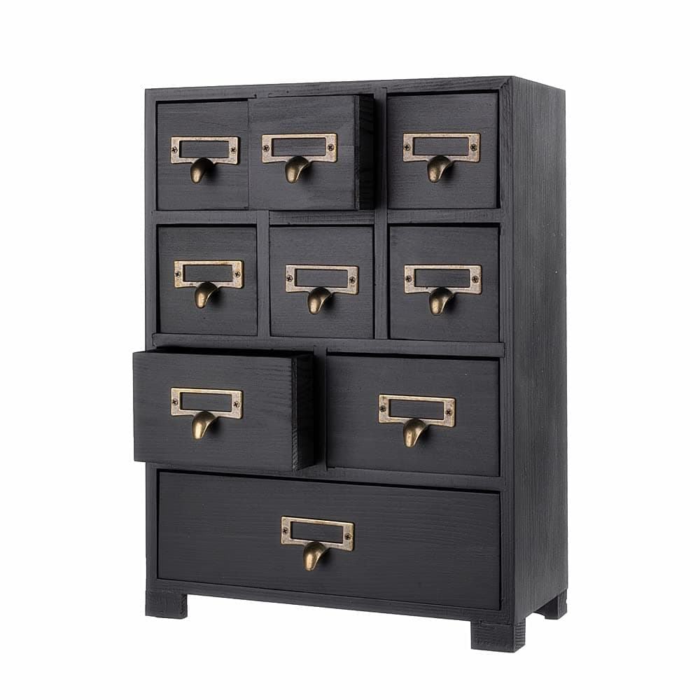 PACKGILO Apothecary Cabinet with 9 Drawers & Labels Rustic Library Card Catalog Cabinet Desktop Wooden Storage Box for Organize Herbal、Tea Bag、Jewelry (Black)
