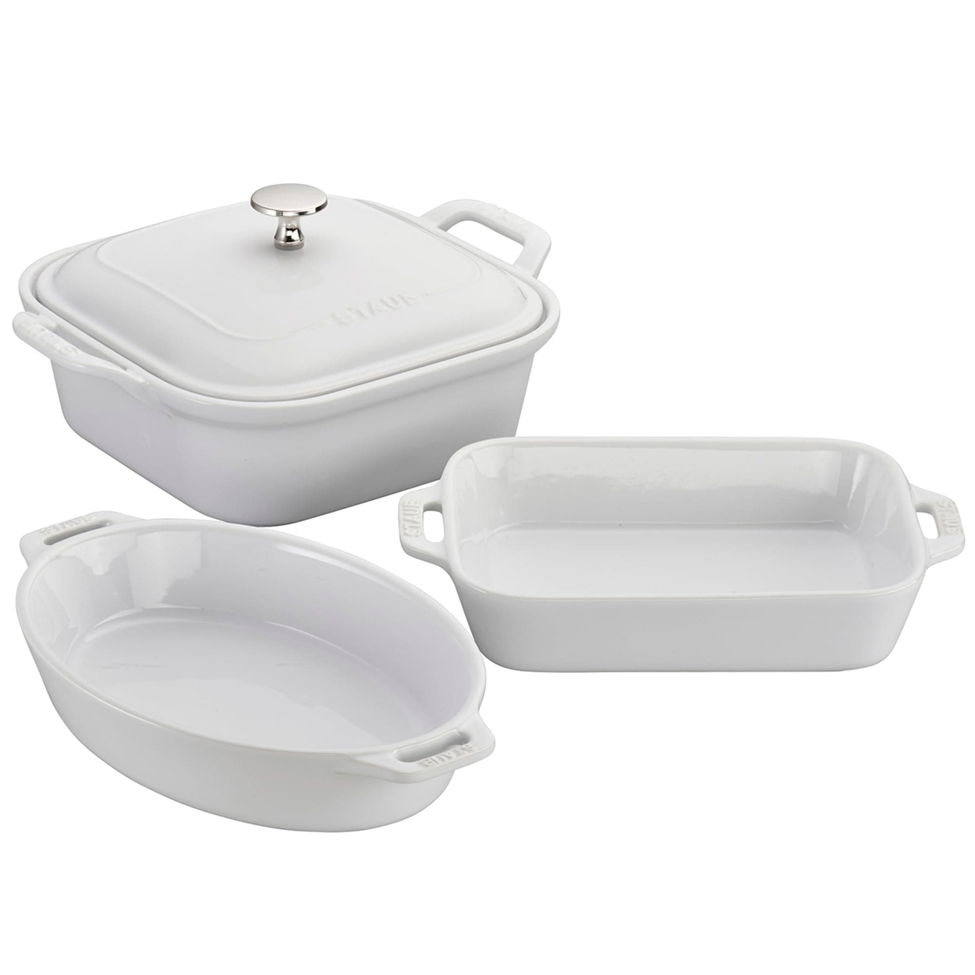 Ceramics 4-pc Baking Pans Set, Casserole Dish with Lid, Brownie Pan, White