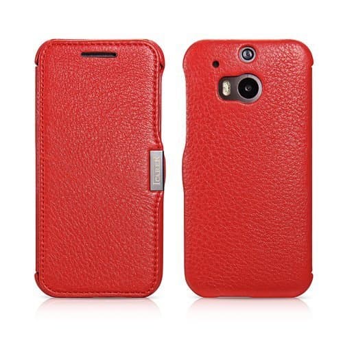 Luxury Business Lichee Pattern Magnet Adsorption Genuine Leather Folio Protective Case for HTC One M8 with Wallet Design (MM345) (Red)