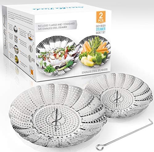 Two-Pack (Large and Standard) Vegetable Steamer Basket Set - Steamer Inserts for Instant Pot + Safety Tool - 100% Stainless Steel - Pressure Cooker & Instant Pot Accessories, Pot in Pot - Egg Rack