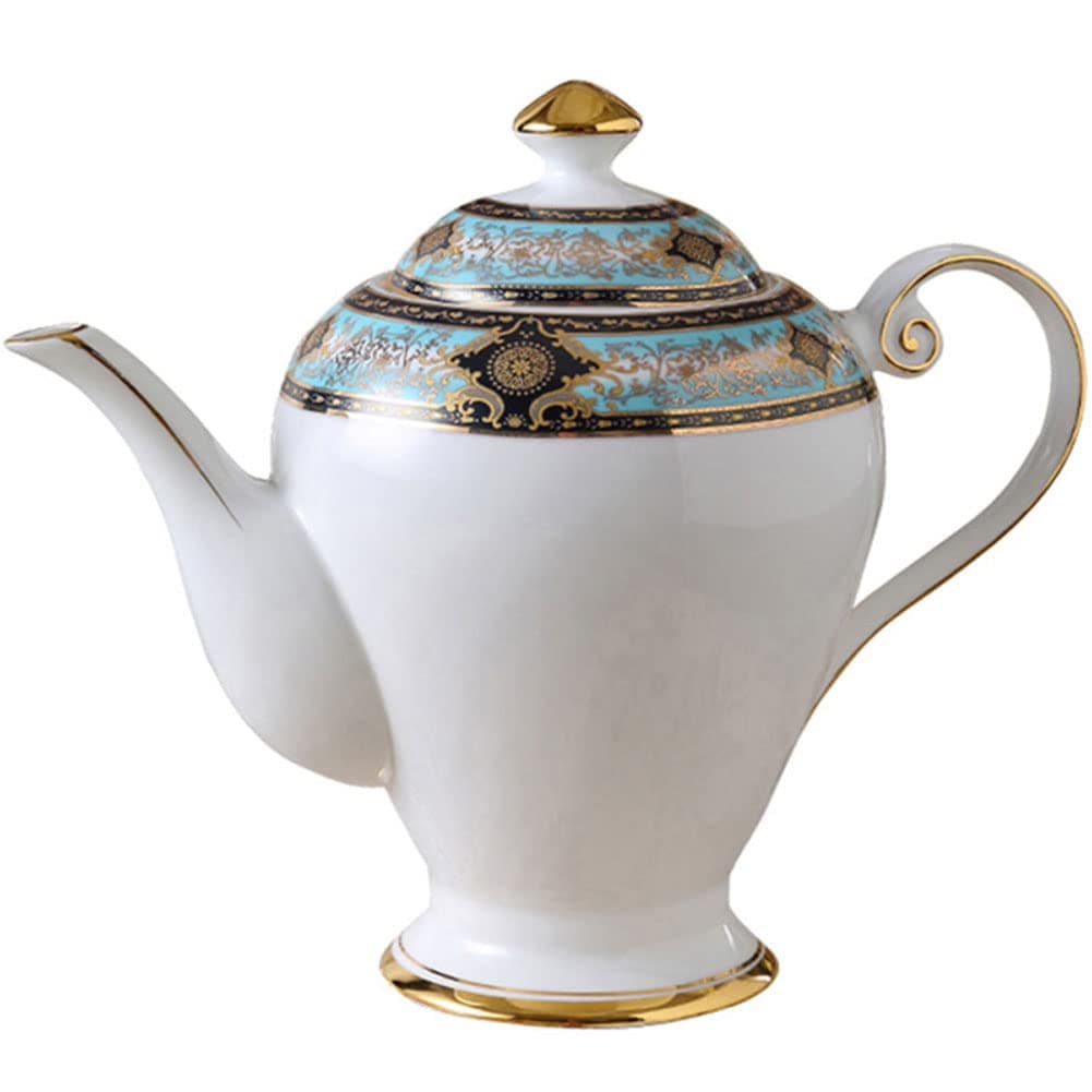 YBK Tech Bone China Teapot, 34oz Ceramic Coffee Pot, Baroque Art Feeling Patterns (White and Blue)