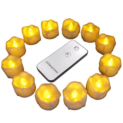 12Pcs LED Tea Lights with Remote Control for Halloween, Parties, Votives, Fall Decor, Diwali, Christmas Decoration, Realistic Flickering Flameless Candles-Amber Yellow, Wax Dripping Look