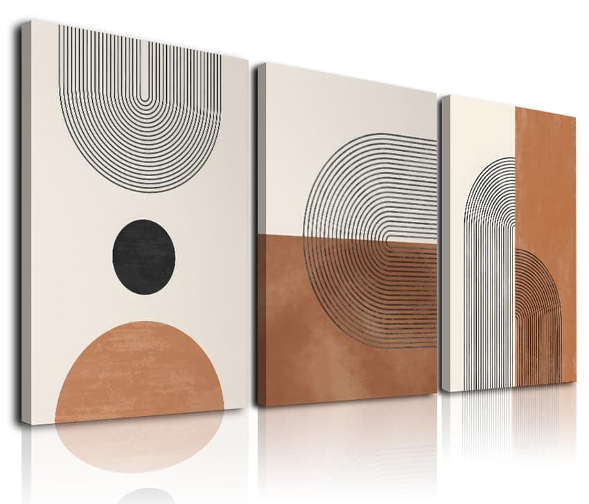ASTRDECOR Boho Wall Art Set Of 3, Boho Wall Decor, Mid Century Modern Wall Art, Neutral Abstract Geometric Framed Canvas Artwork Prints for Wall Decor, Burnt Orange Minimalist Art Large 12" X 26" Ready To Hang for Bathroom Bedroom Living Room