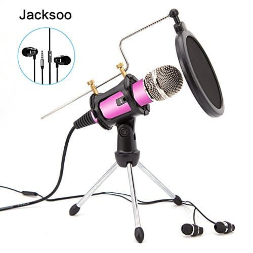 Jacksoo Home Studio Condenser Microphone with Earphone/Earbuds Microphone Stand for Iphone Android PC Recording,Live,Podcasting,Mini Desktop MIC Stand dual-layer acoustic popfilter(Pink)