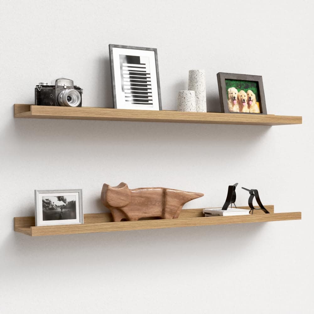 35.3 Inches Long Floating Shelves, 2 Set Rustic Wall Shelf for Bedroom, Nursery Book Shelf with Lip, Picture Ledge Shelf for Wall Decor Living Room Bathroom Kitchen - Oak