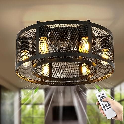Caged Ceiling Fan with Lights, Low Profile Caged Ceiling Fan with Light Remote Control 20" Black Flush Mount Farmhouse Industrial Adjustable 3 Speed Bladeless Small Cage Ceiling Light Fixture